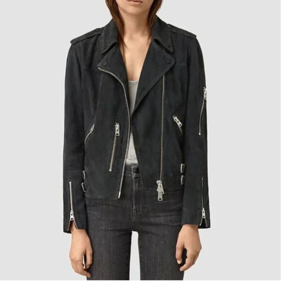 AllSaints Edwards Biker Goat Jacket in Petrol Blue - Picture 1 of 7